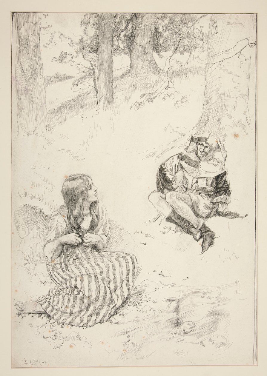 Gycklare och kvinna, sketch för påskliljasången av Edwin Austin Abbey