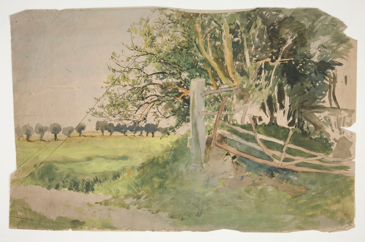 Landskap med träd och trasigt staket av Edwin Austin Abbey