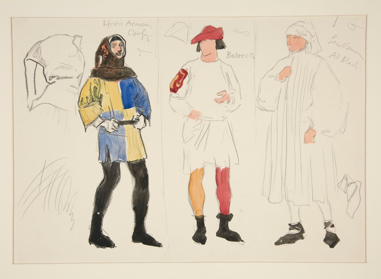 Linnedräkt, bagarkostym, gentleman: kostymskiss för Henry Irving av Edwin Austin Abbey