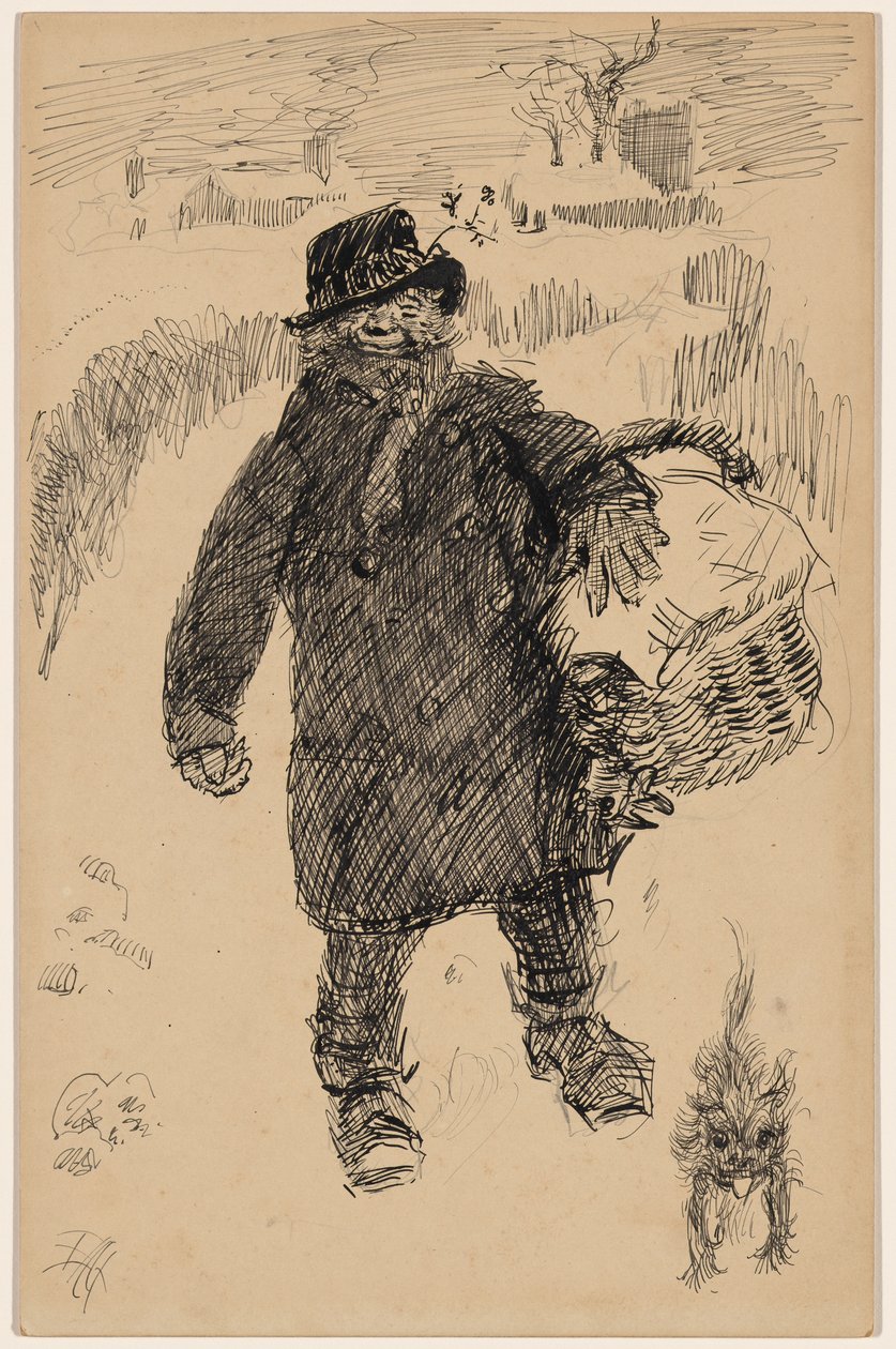 Man som går i snön med en täckt korg, åtföljd av en liten terrier av Edwin Austin Abbey