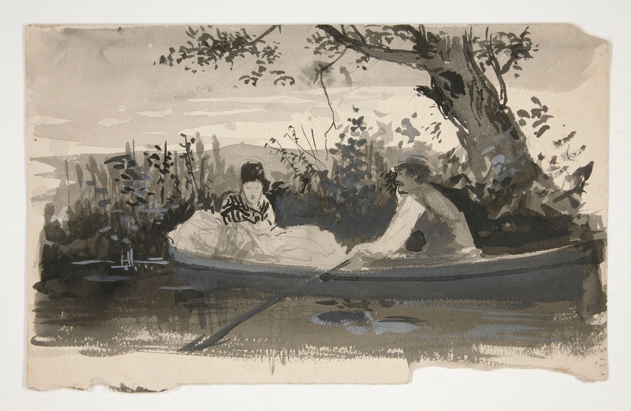 Man och kvinna i roddbåt, nära flodstranden - oidentifierad illustration av Edwin Austin Abbey