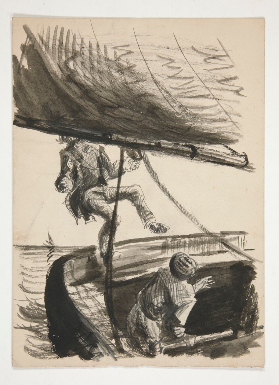 Man som slås överbord av bommen på segelbåten (recto); Oidentifierad illustration av pojke lysande man av Edwin Austin Abbey
