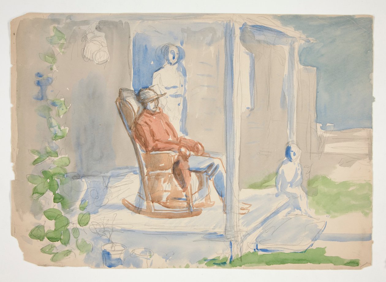 Man i gungstol på verandan med sin fru och sitt barn - oidentifierad illustration av Edwin Austin Abbey