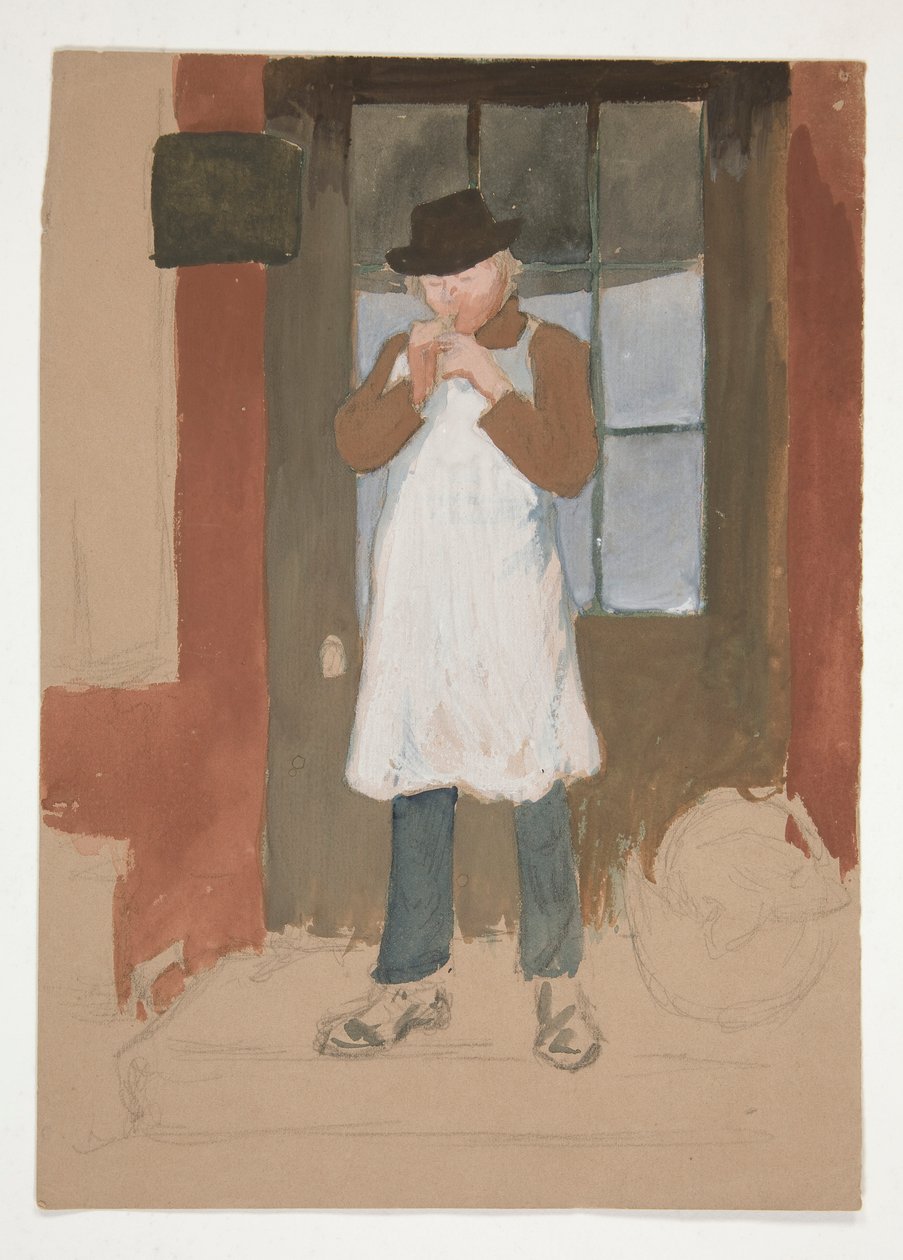 Man tänder ett rör i dörröppningen - oidentifierad illustration av Edwin Austin Abbey