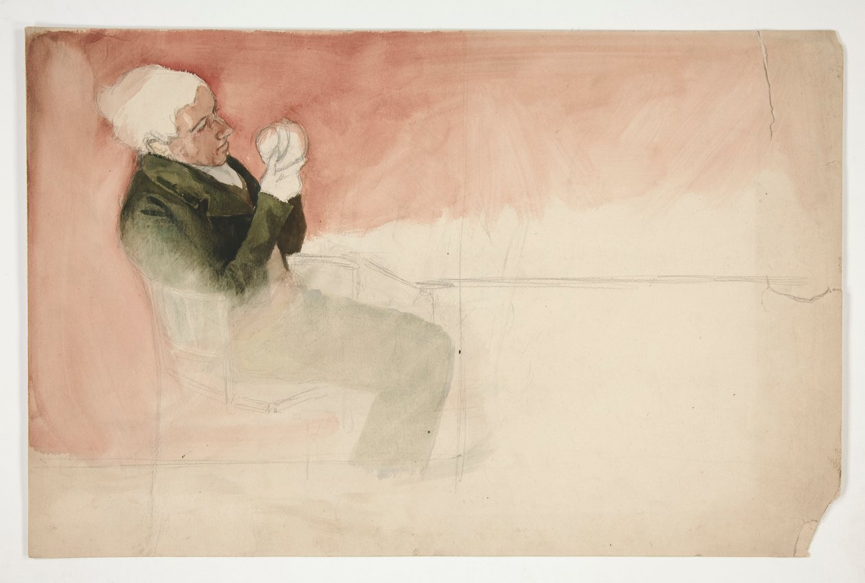 Man sitter och undersöker insidan av en skål - (oidentifierad illustration) av Edwin Austin Abbey