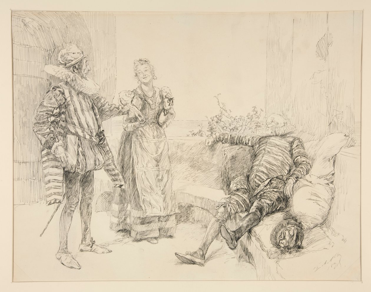Maria, Sir Andrew och Toby, illustration till akt I, scen iii, tolfte natten av Edwin Austin Abbey