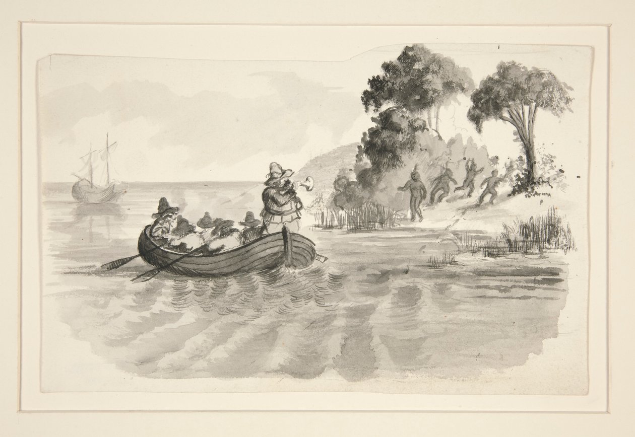 Män i roddbåt som flyr från indianer på stranden - oidentifierad illustration (Columbus upptäcker den nya världen?) - upptäcktsresande som landar i den nya världen av Edwin Austin Abbey