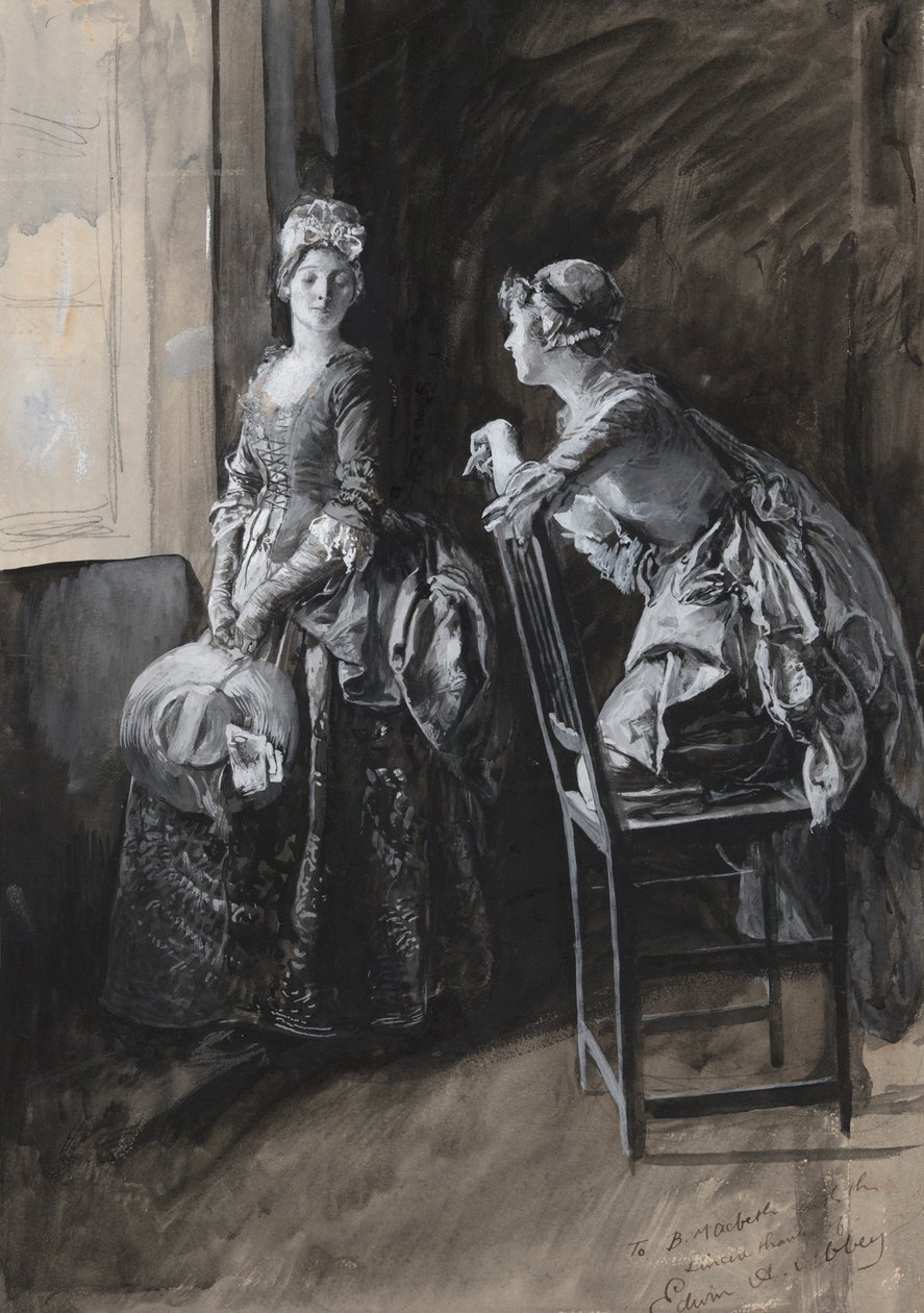 Miss Neville och Miss Hardcastle, illustration för Oliver Goldsmith av Edwin Austin Abbey