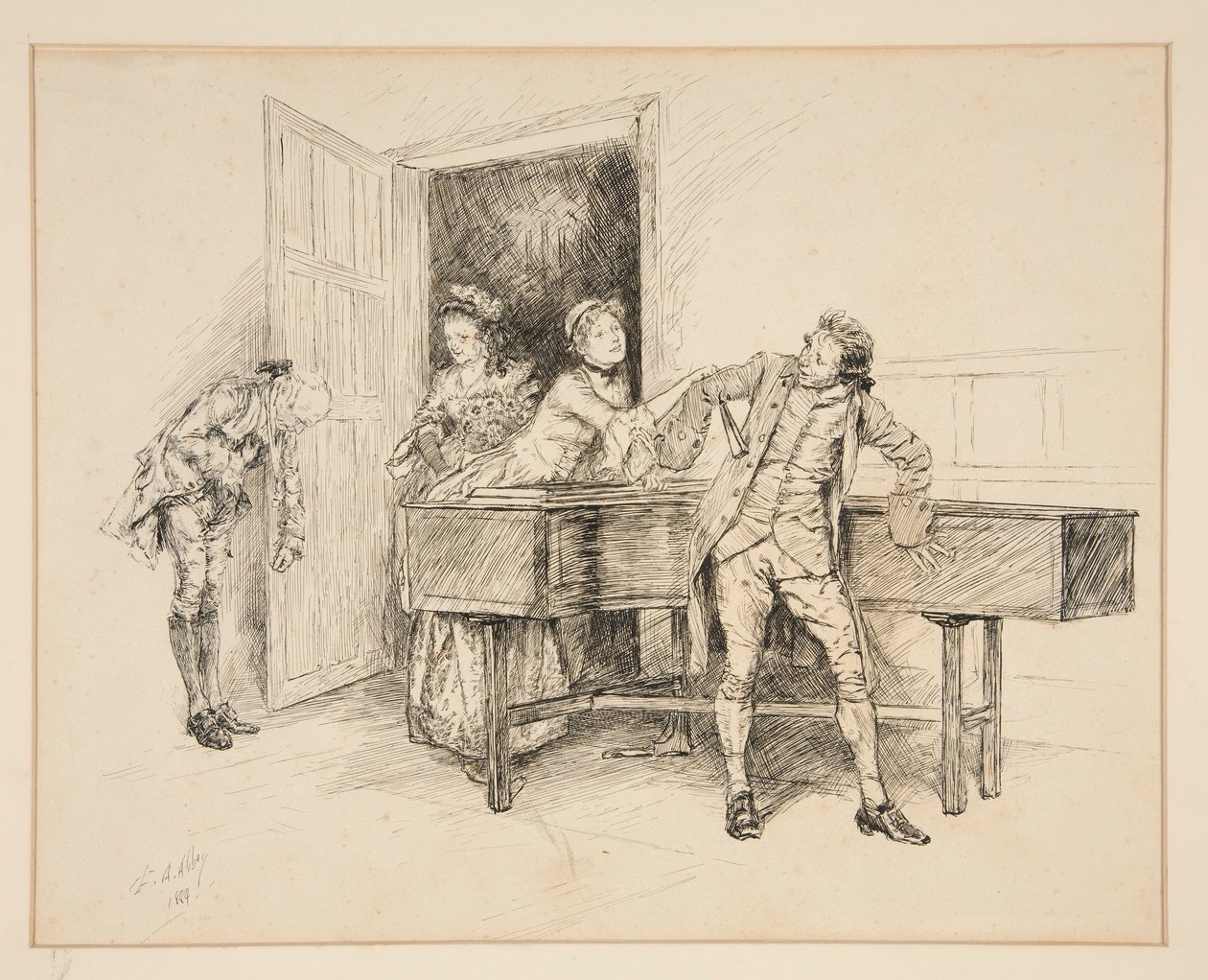 Nan och piano, illustration för Oliver Goldsmith av Edwin Austin Abbey