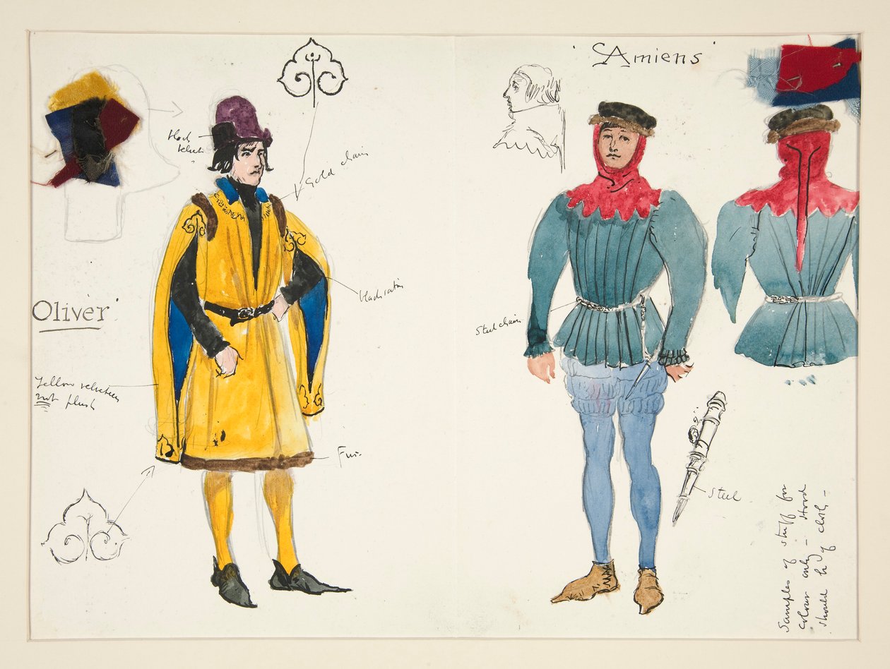 Olivier och Amiens, kostymskiss för Henry Irving av Edwin Austin Abbey