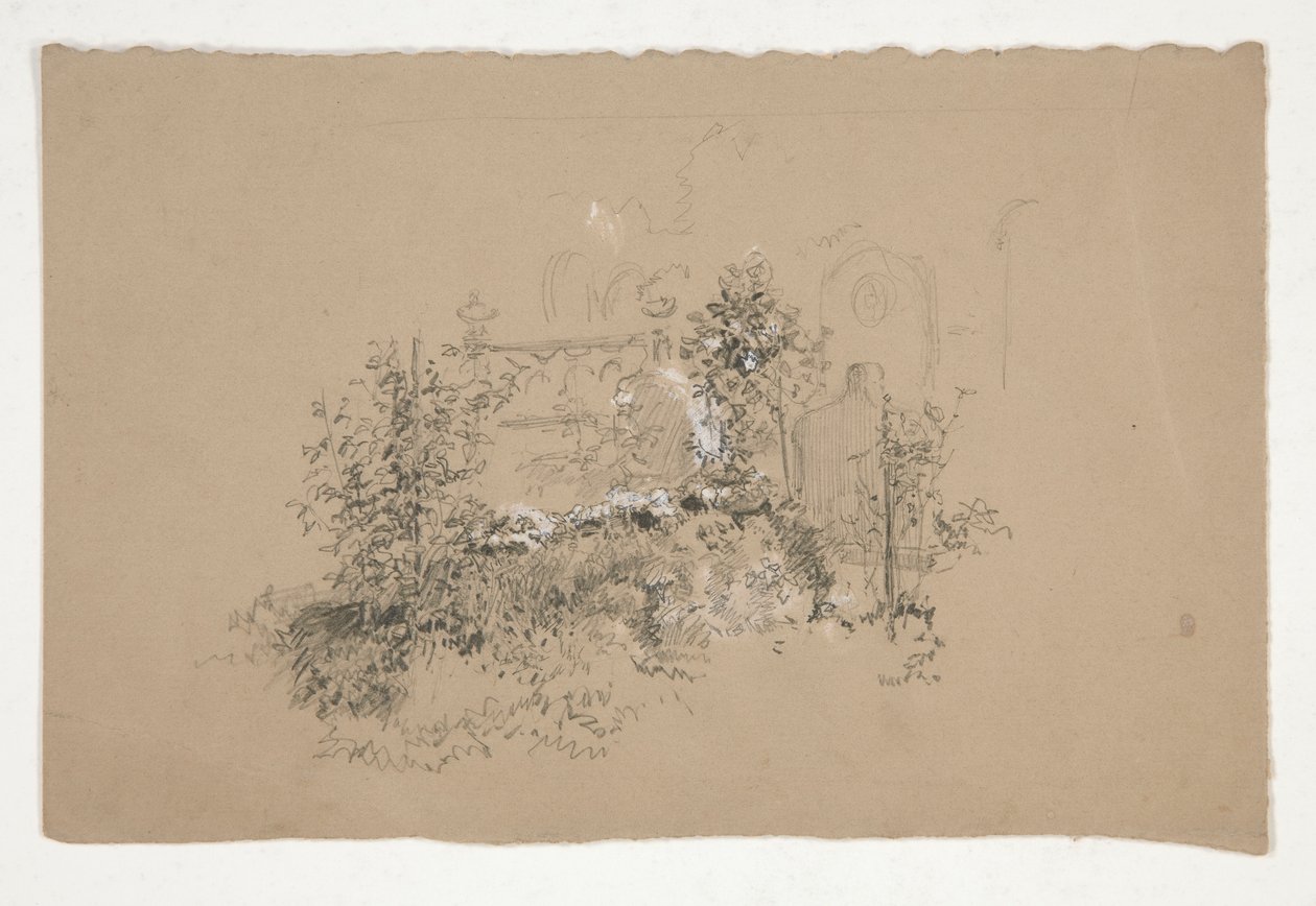 Bevuxen trädgård(?) kyrkogård(?) av Edwin Austin Abbey
