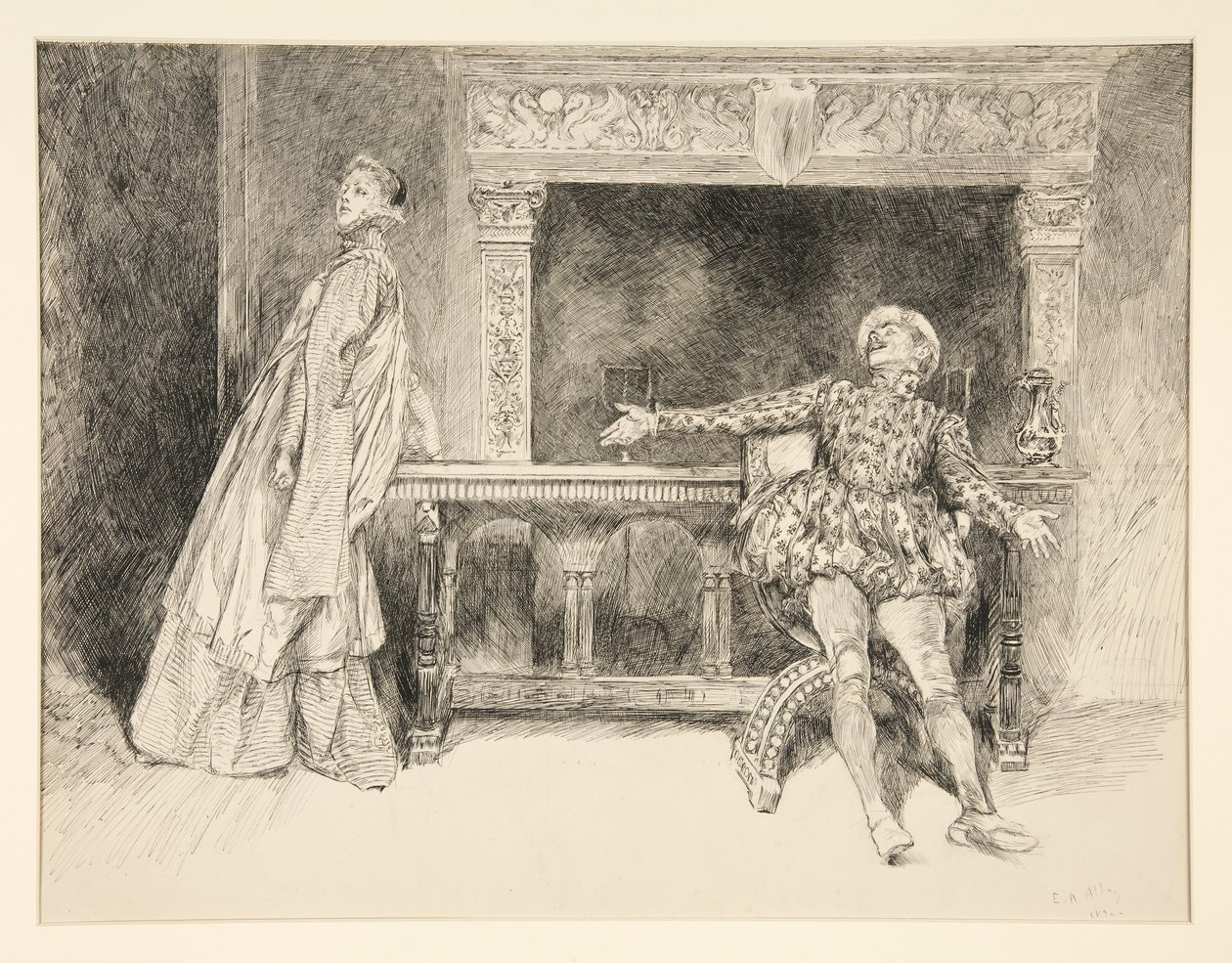 Petruchio Banters Katharina, från akt II, Scene i, Taming of the Shrew av Edwin Austin Abbey