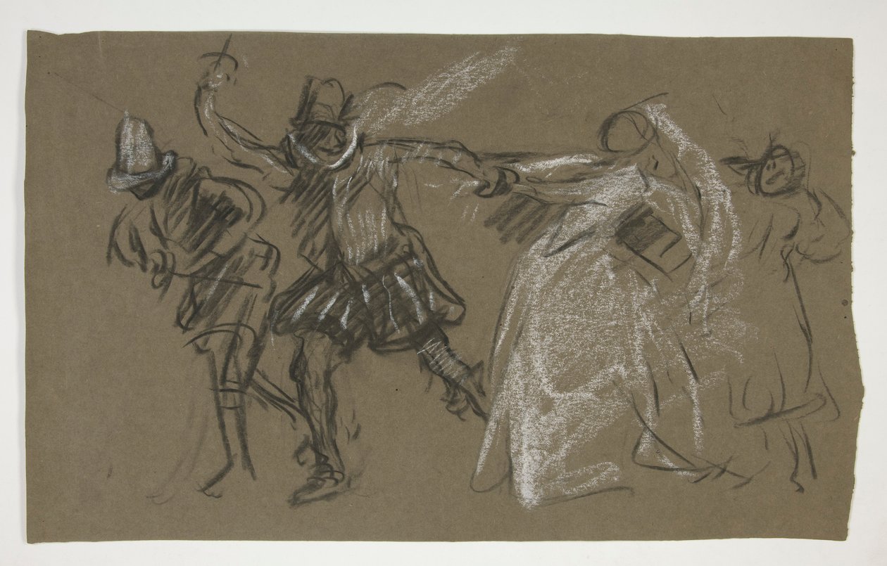 Petruchio drar Katharina, från Taming of the Shrew (recto); Skiss av sittande figur (verso) av Edwin Austin Abbey