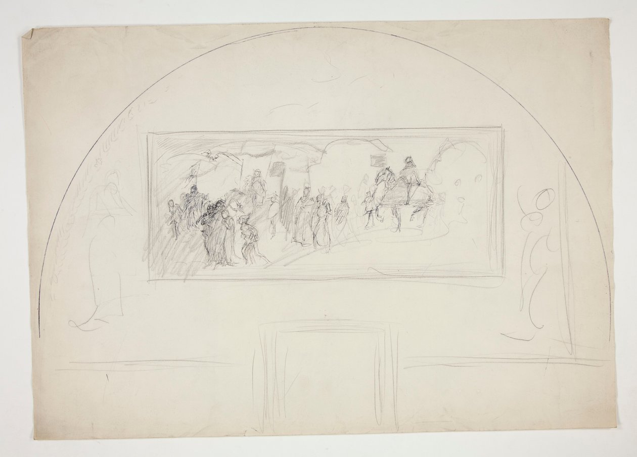 Planera för installation av en av väggmålningarna The Quest of the Holy Grail på Boston Public Library av Edwin Austin Abbey