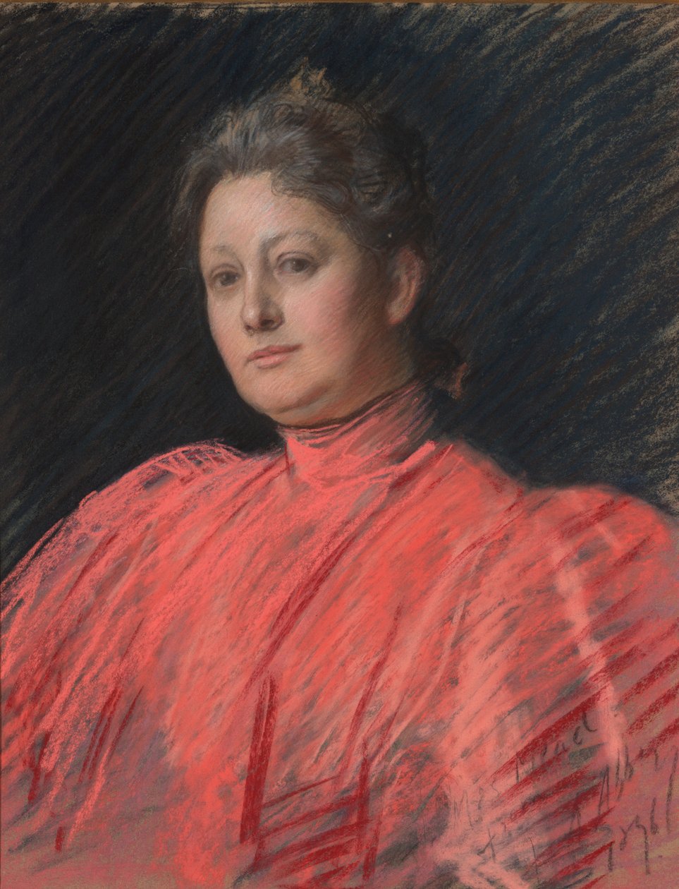 Porträtt av Mrs Abbey i rosa klänning, midjelängd av Edwin Austin Abbey