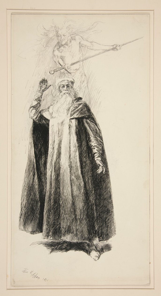 Prospero och Ariel, illustration till akt V, Scene i, Stormen av Edwin Austin Abbey