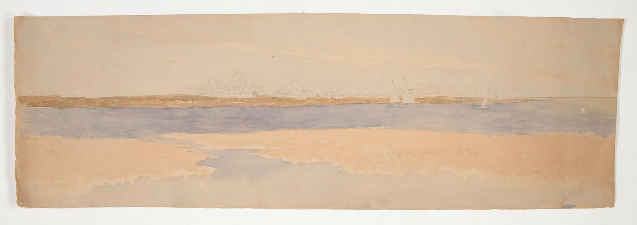 Flodlandskap med stad på Far Shore av Edwin Austin Abbey