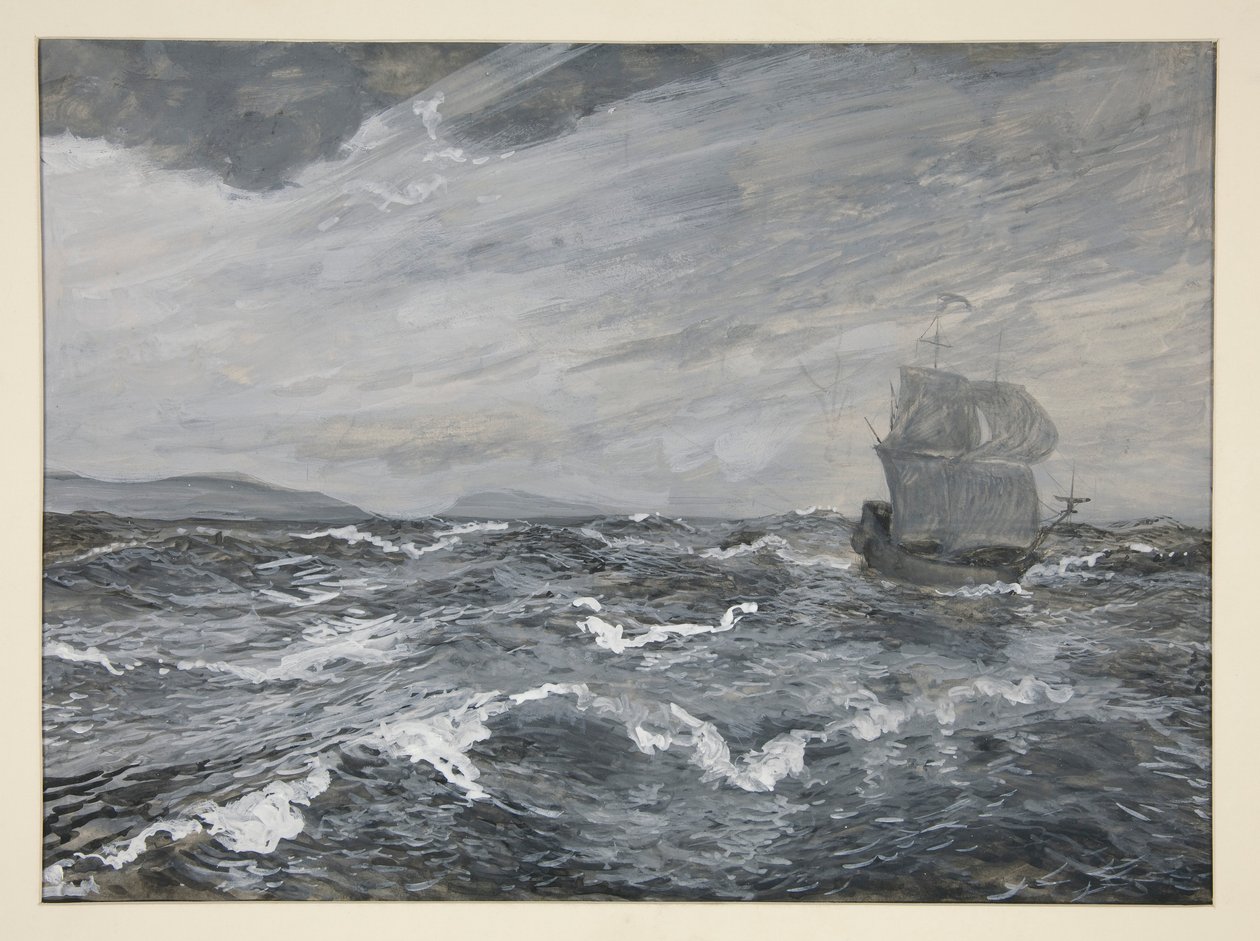 Havslandskap med segelbåt av Edwin Austin Abbey