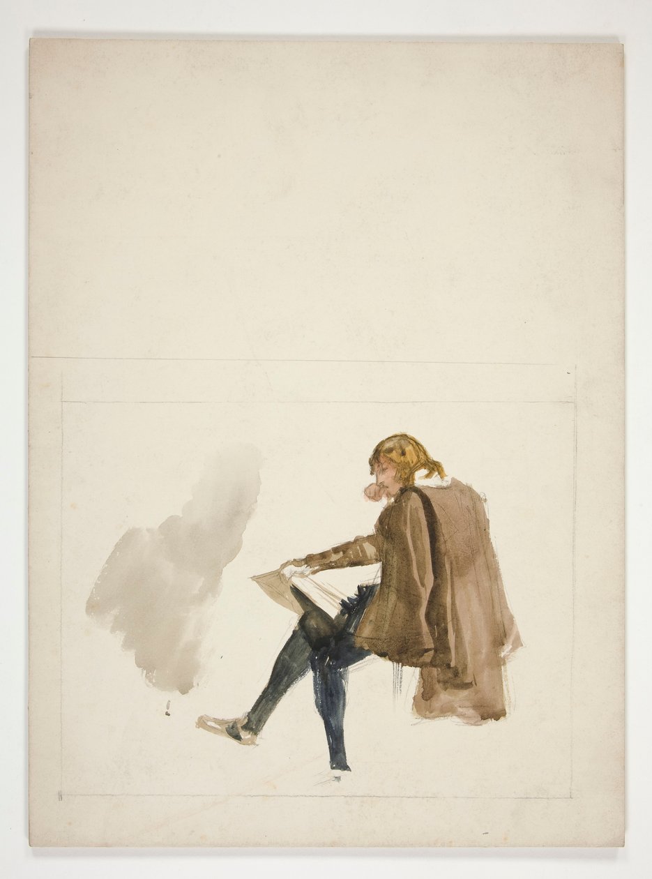 Sittande ung man i brun kappa, läser - oidentifierad illustration av Edwin Austin Abbey