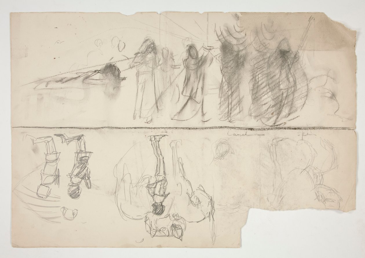 Ark med skisser för väggmålningsserien The Quest of the Holy Grail på Boston Public Library (recto); Oidentifierad skiss (verso) av Edwin Austin Abbey