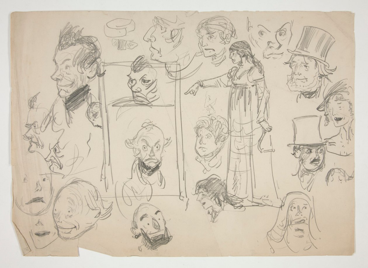 Ark med skisser av ansikten av Edwin Austin Abbey