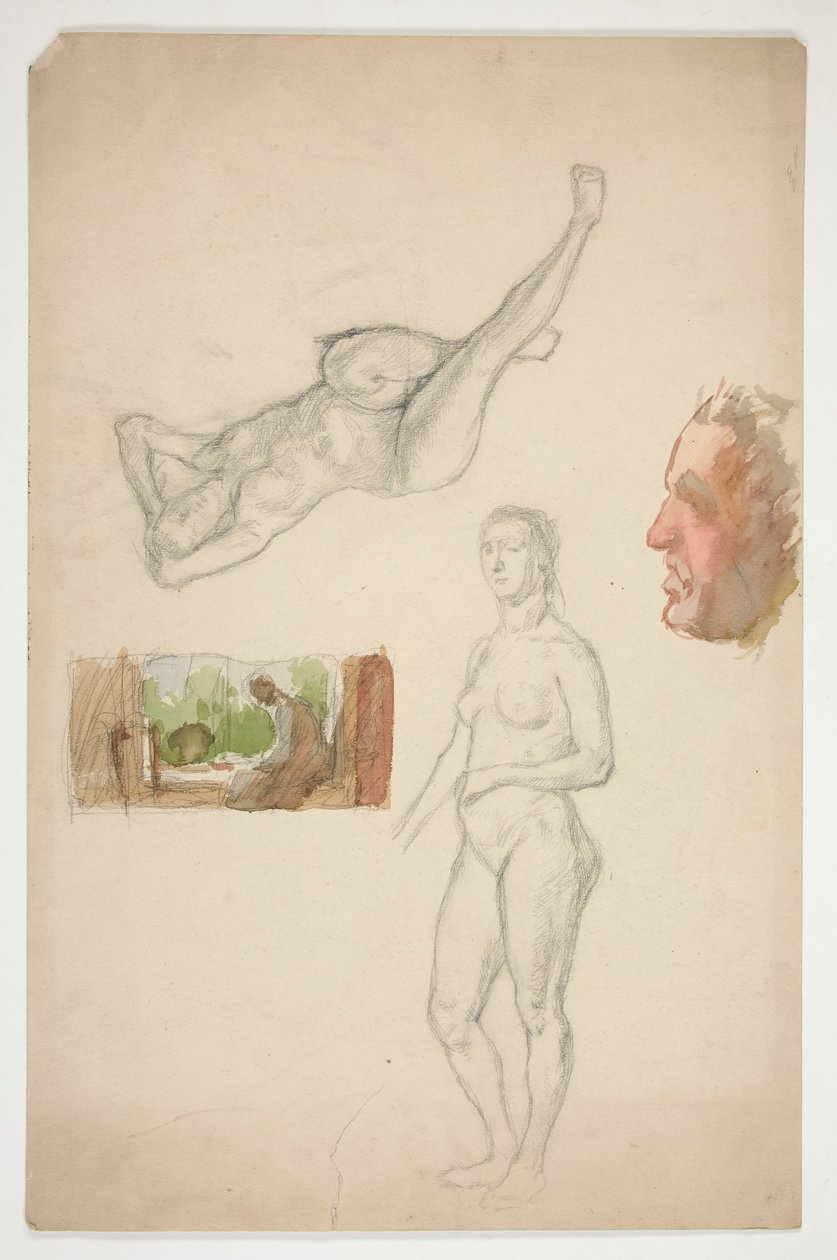 Skissark: två nakna kvinnor, profil av en man, figur som sitter i en interiör av Edwin Austin Abbey