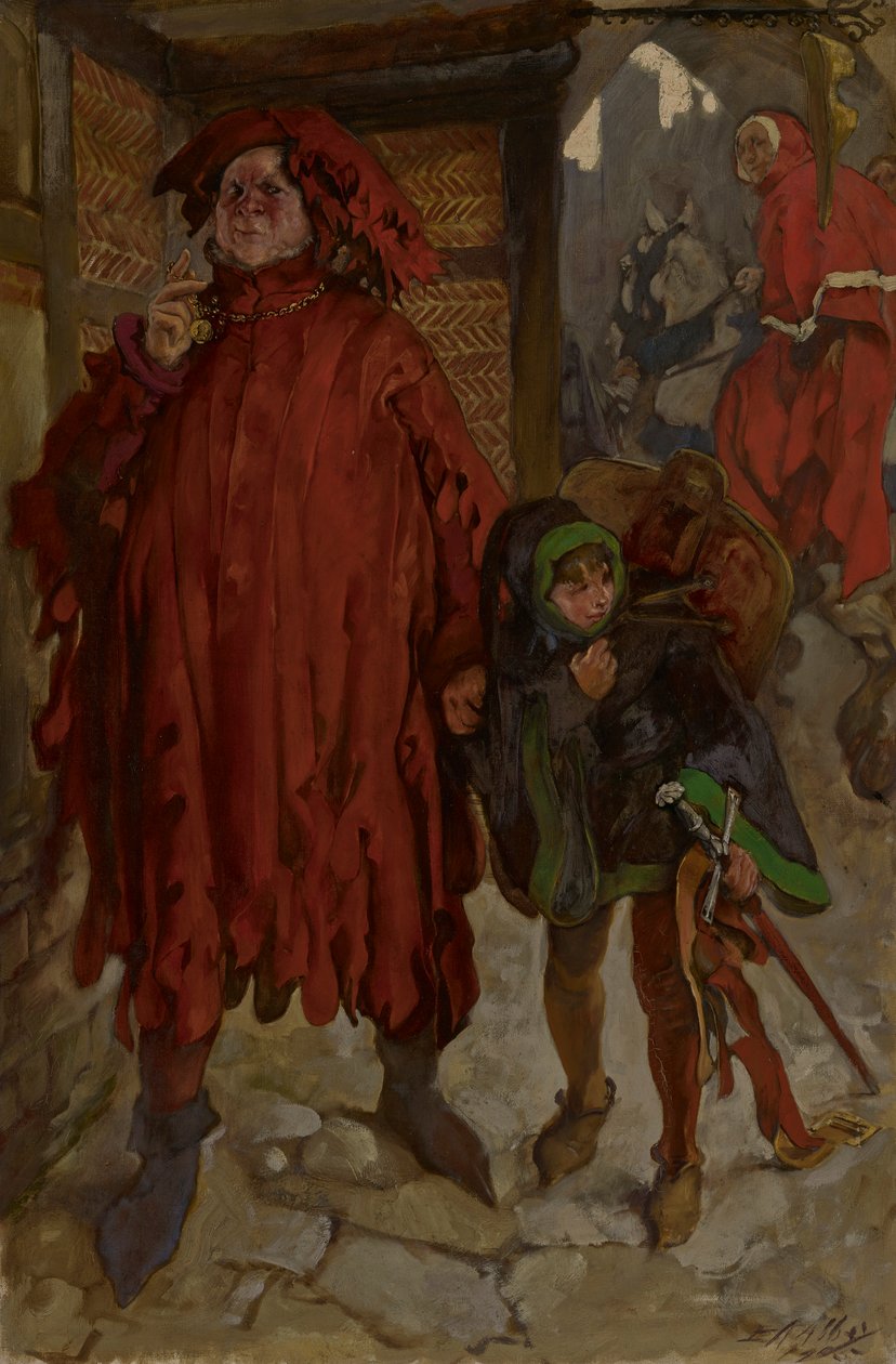 Sir John Falstaff med sin sida, kung Henrik IV, del II, akt I, scen II av Edwin Austin Abbey