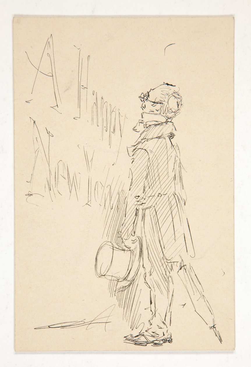 Skiss för ett gratulationskort: Ett gott nytt år; studie av en man som läser en skylt av Edwin Austin Abbey