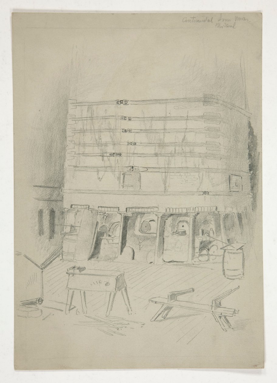 Skiss över Continental Iron Works(?) [industriell interiör] av Edwin Austin Abbey
