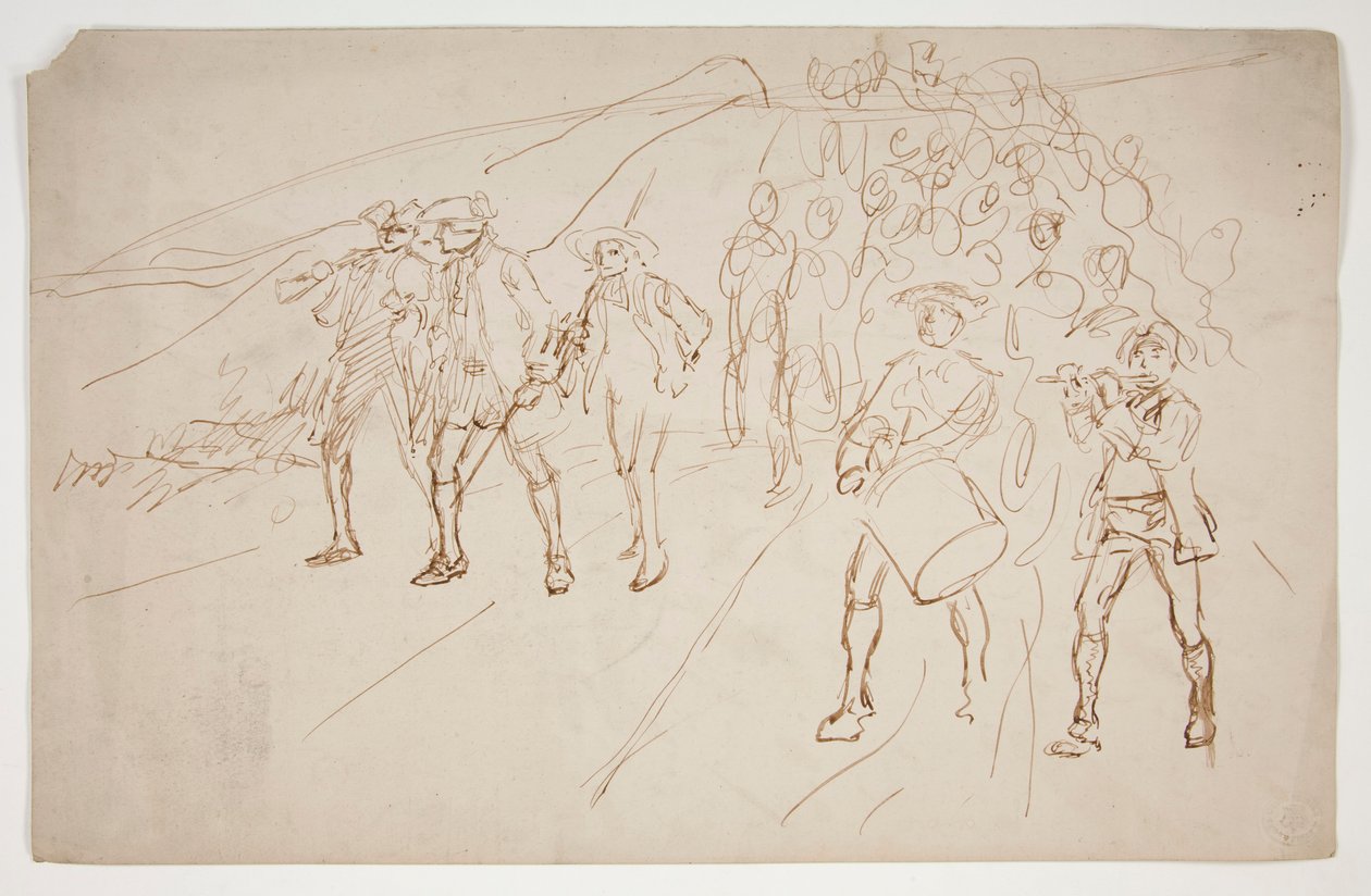 Skiss över revolutionära krigstrupper som marscherar av Edwin Austin Abbey