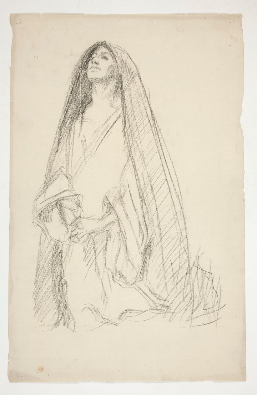 Skiss av en kvinnlig figur i mantel i bön för tre Maria vid korset av Edwin Austin Abbey
