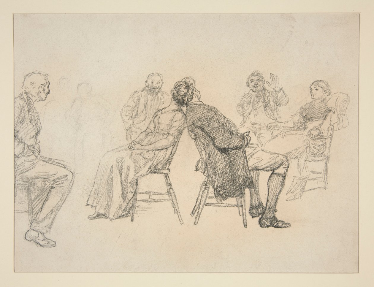 Skiss av ett par som spelar ett spel, omgivna av åskådare, i en interiör (?) - oidentifierad illustration av Edwin Austin Abbey