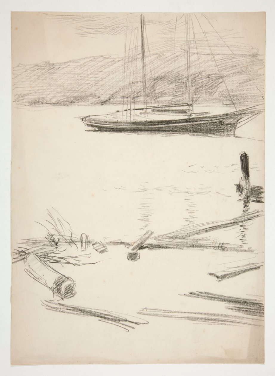 Skiss av en brygga och segelbåt av Edwin Austin Abbey