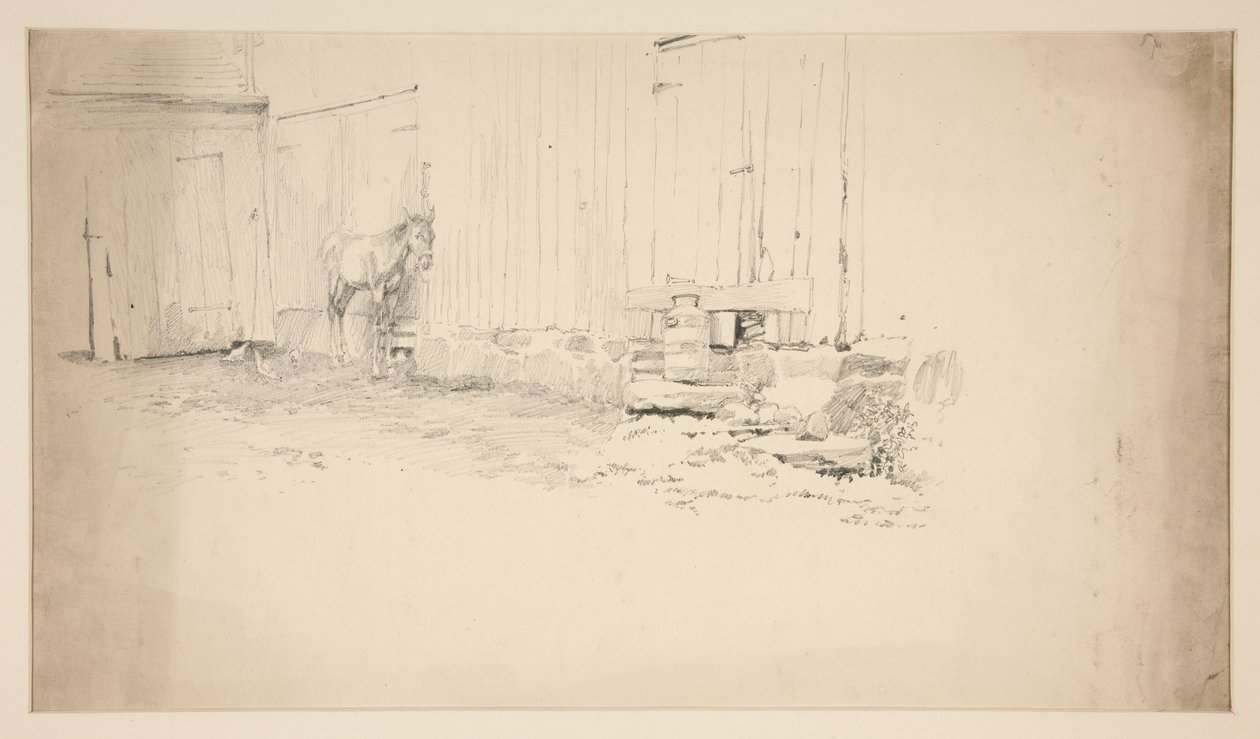 Skiss av en gård, med en häst av Edwin Austin Abbey