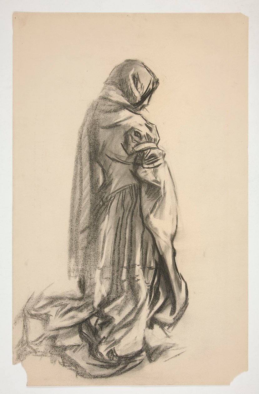 Skiss av en knästående kvinnlig figur i rosa klänning för Galahad the Deliverer, en av de heliga gralmålningarna på Boston Public Library av Edwin Austin Abbey