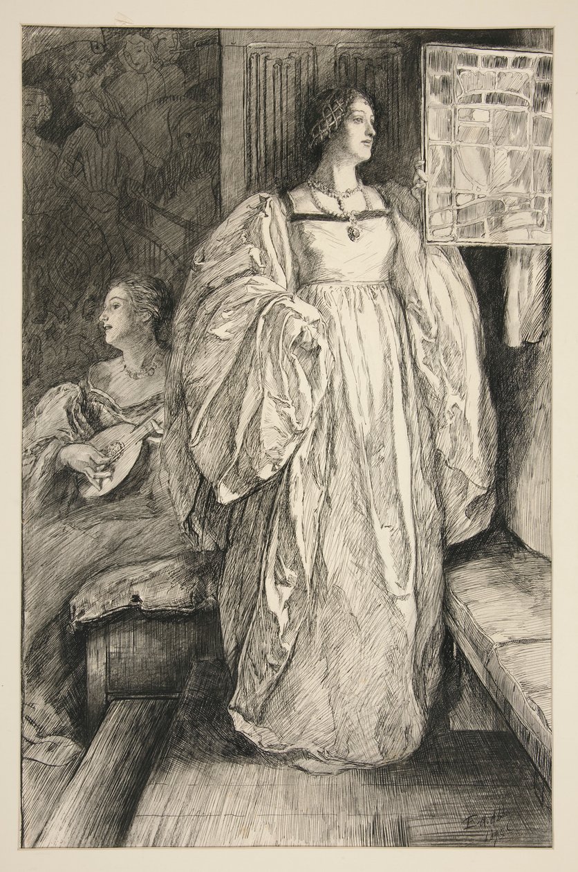 Skiss av en dam, illustration för av Edwin Austin Abbey