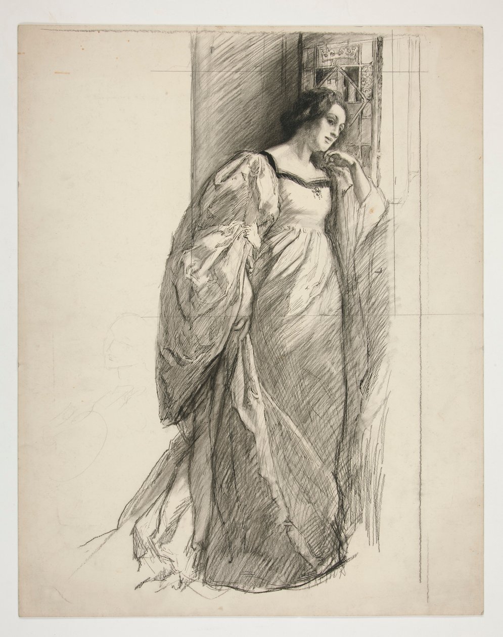Skiss av en dam, illustration för av Edwin Austin Abbey