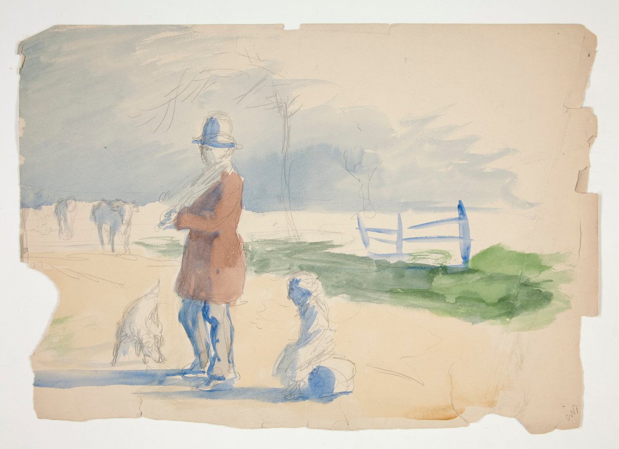 Skiss av en man, barn och hund - oidentifierad illustration av Edwin Austin Abbey