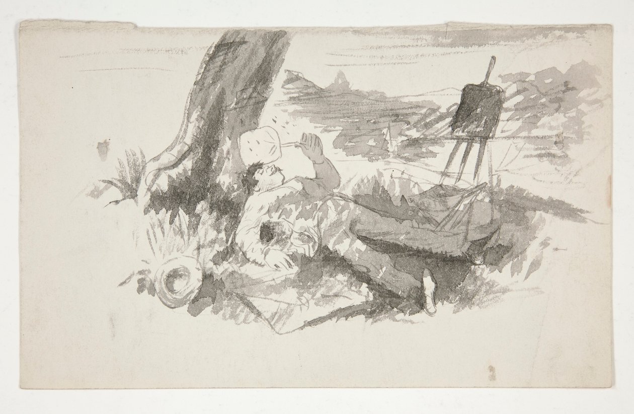 Skiss av en friluftsmålare som tar en tupplur under ett träd - oidentifierad illustration av Edwin Austin Abbey