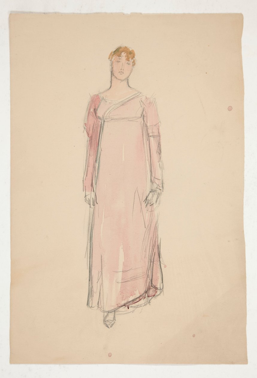Skiss av en kvinna i rosa - kostymstudie för en pjäs? av Edwin Austin Abbey