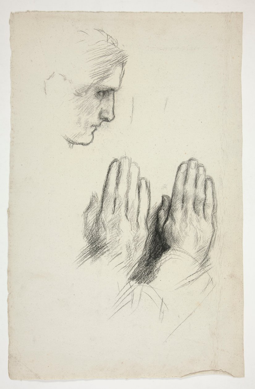 Skiss av en ung man i profil; skiss av två uppsättningar händer i bön av Edwin Austin Abbey