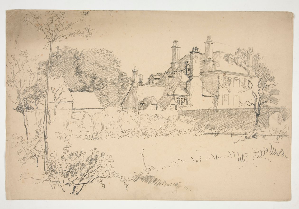 Skiss av en exteriör: trädgård, vägg och stort viktorianskt hus av Edwin Austin Abbey