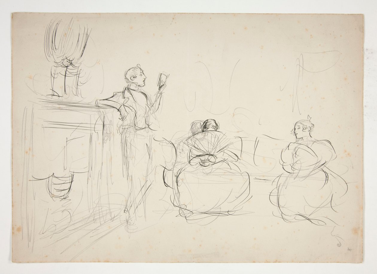 Skiss av en interiör: man som läser högt, kvinnor stickar - oidentifierad illustration av Edwin Austin Abbey