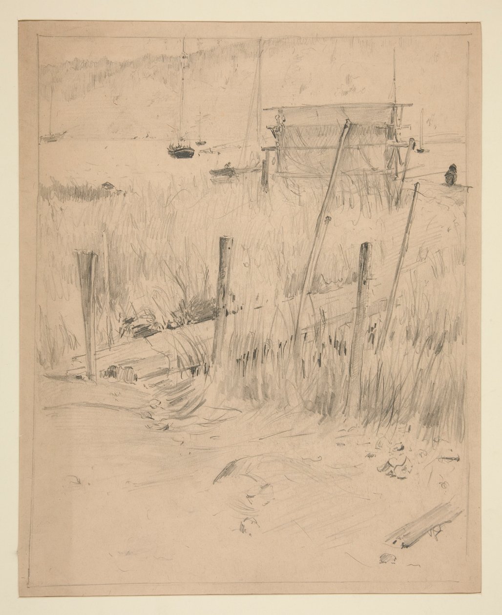 Skiss av en gammal brygga, med ogräs som växer upp runt den av Edwin Austin Abbey