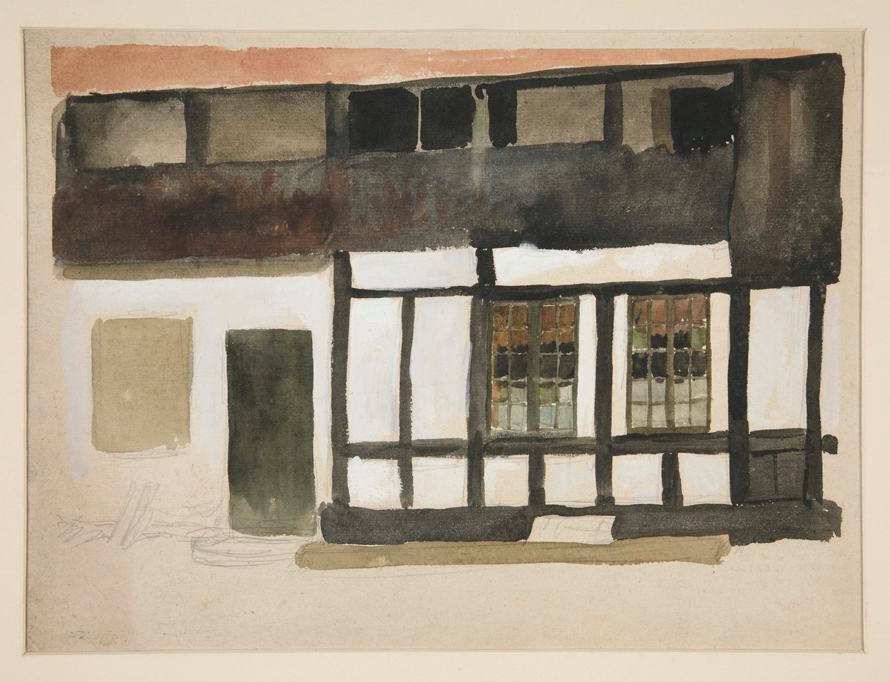 Skiss av exteriören av ett Tudor-hus av Edwin Austin Abbey