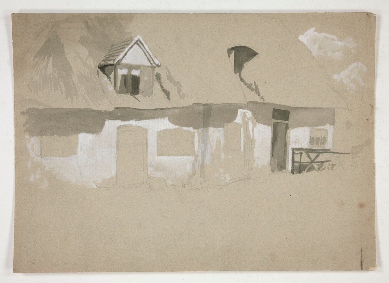 Skiss av exteriör av en stuga av Edwin Austin Abbey
