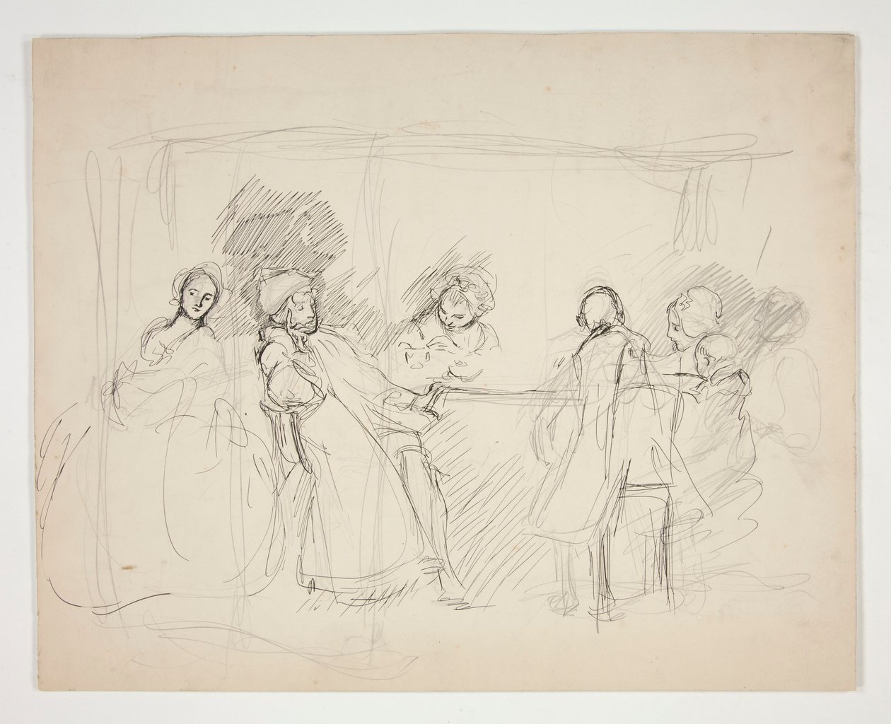 Skiss av figurer runt ett bord - oidentifierad illustration för en pjäs (?) av Edwin Austin Abbey