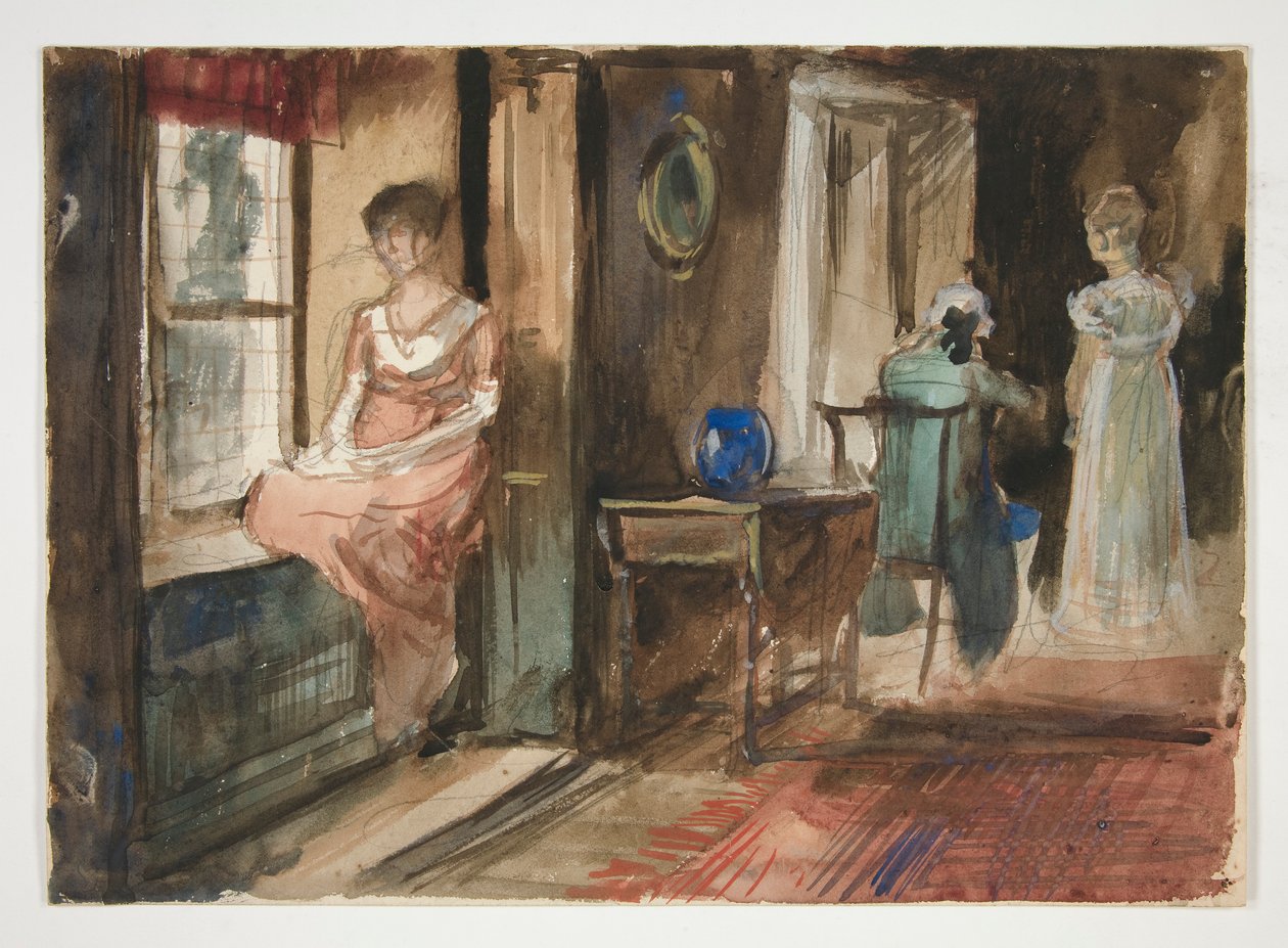 Skiss av figurer i en interiör av Edwin Austin Abbey
