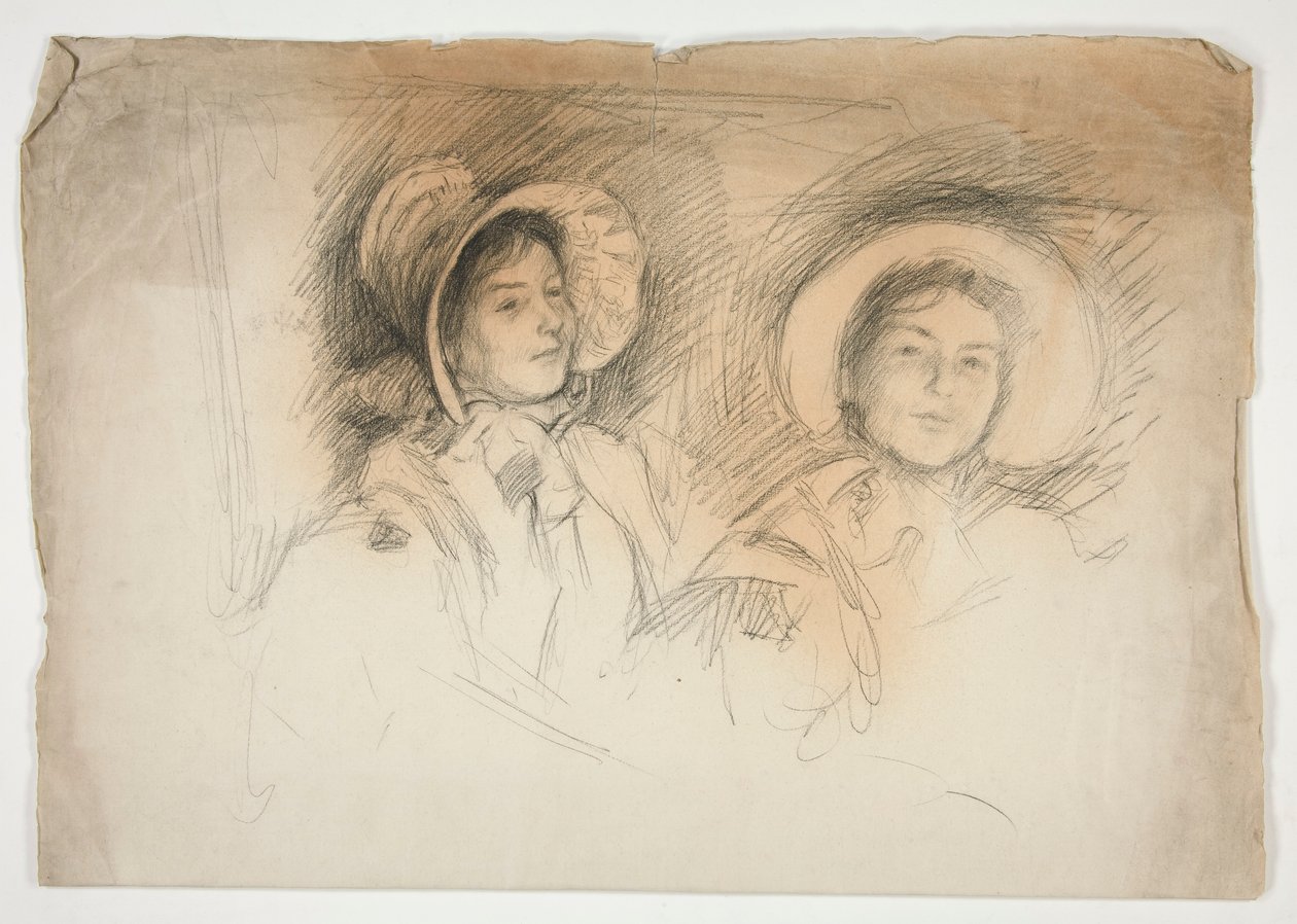 Skiss av två unga kvinnor i huvar (oidentifierade sittare) av Edwin Austin Abbey
