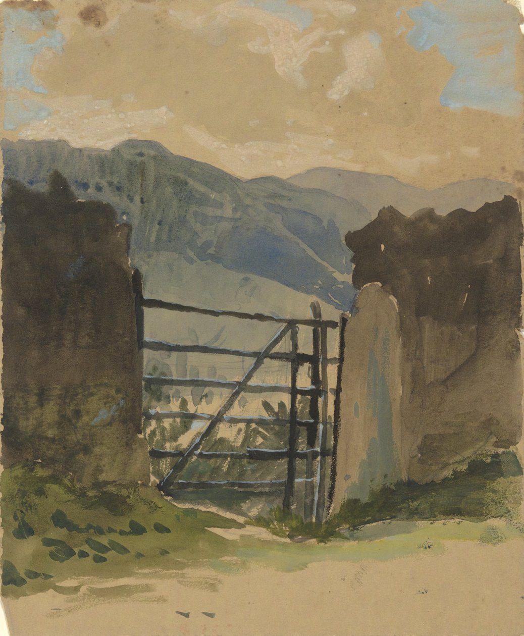Stenmur och grind, skiss av Edwin Austin Abbey